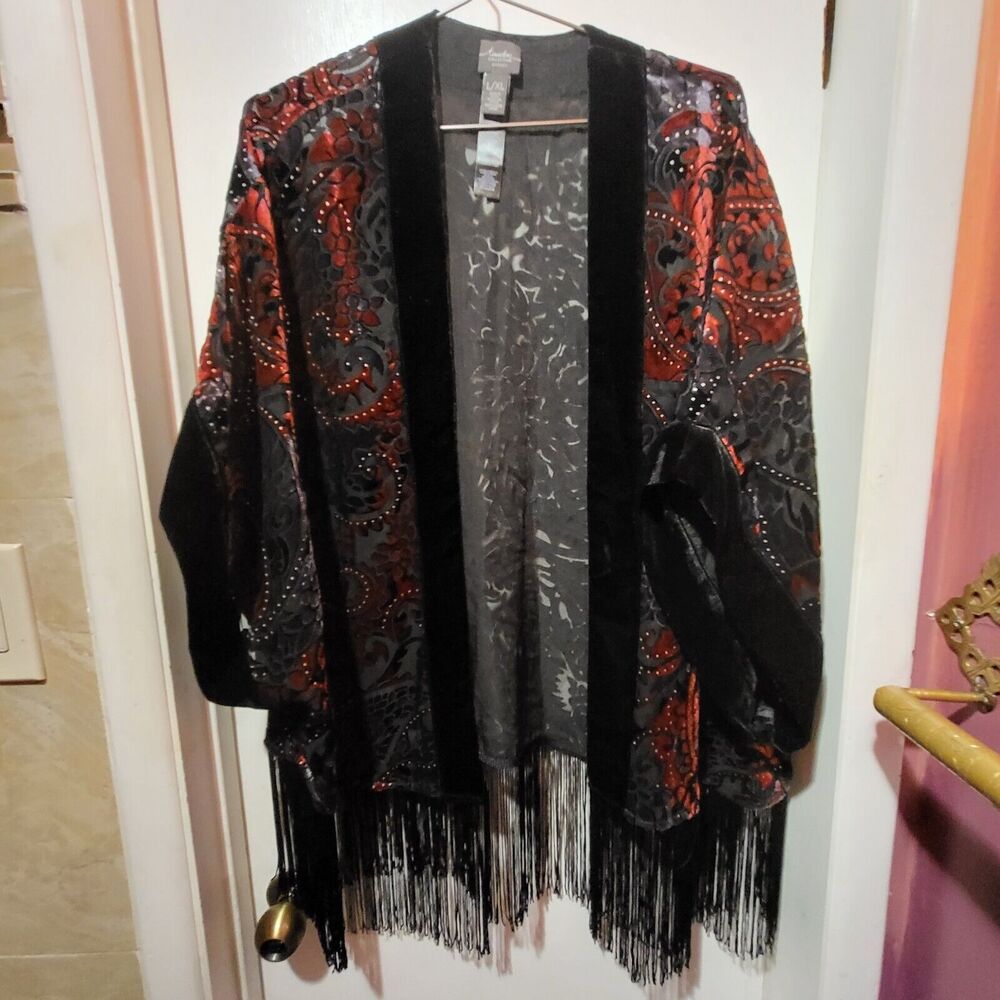 Chicos Traveller's Collection Burnout Velvet Fringe Robe